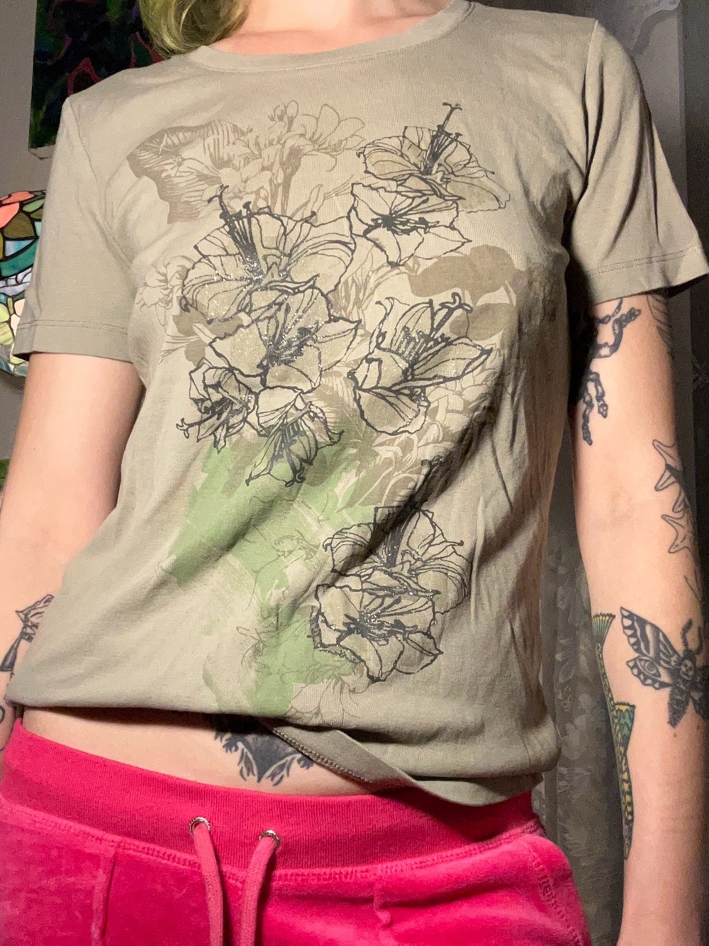 Northern Reflections Pale Green Tee with Metallic Floral Design